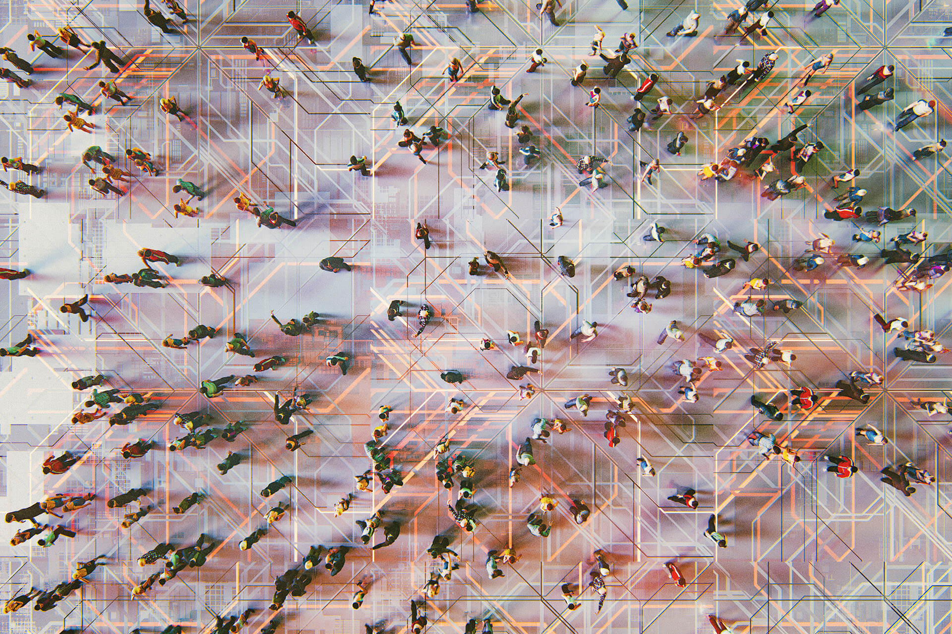 Abstract crowds of people with virtual reality street display