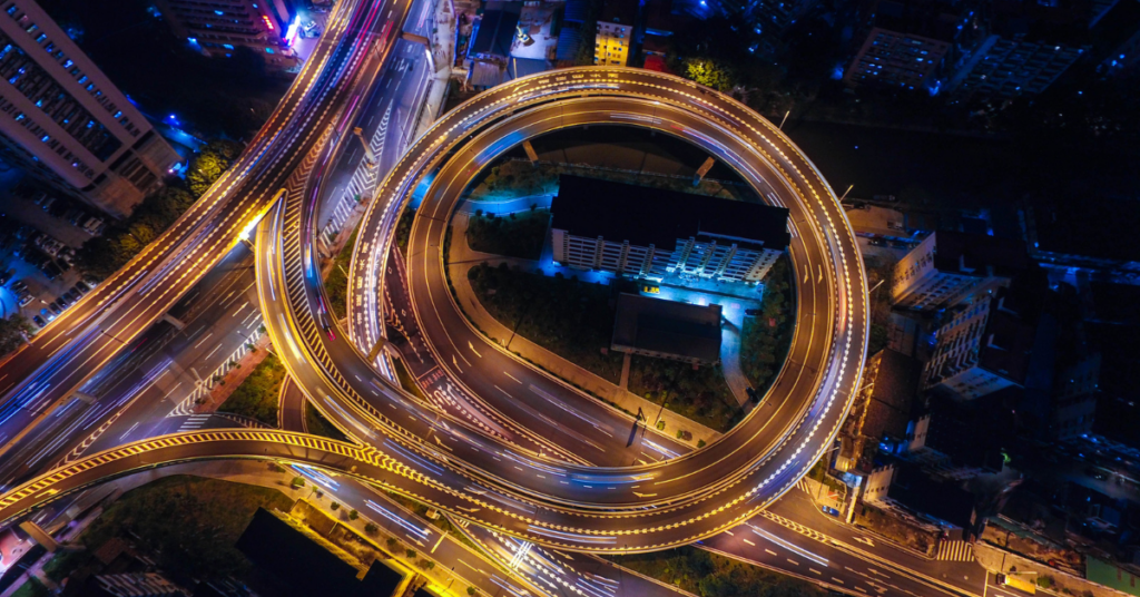 Aerial view of highway exit at night time